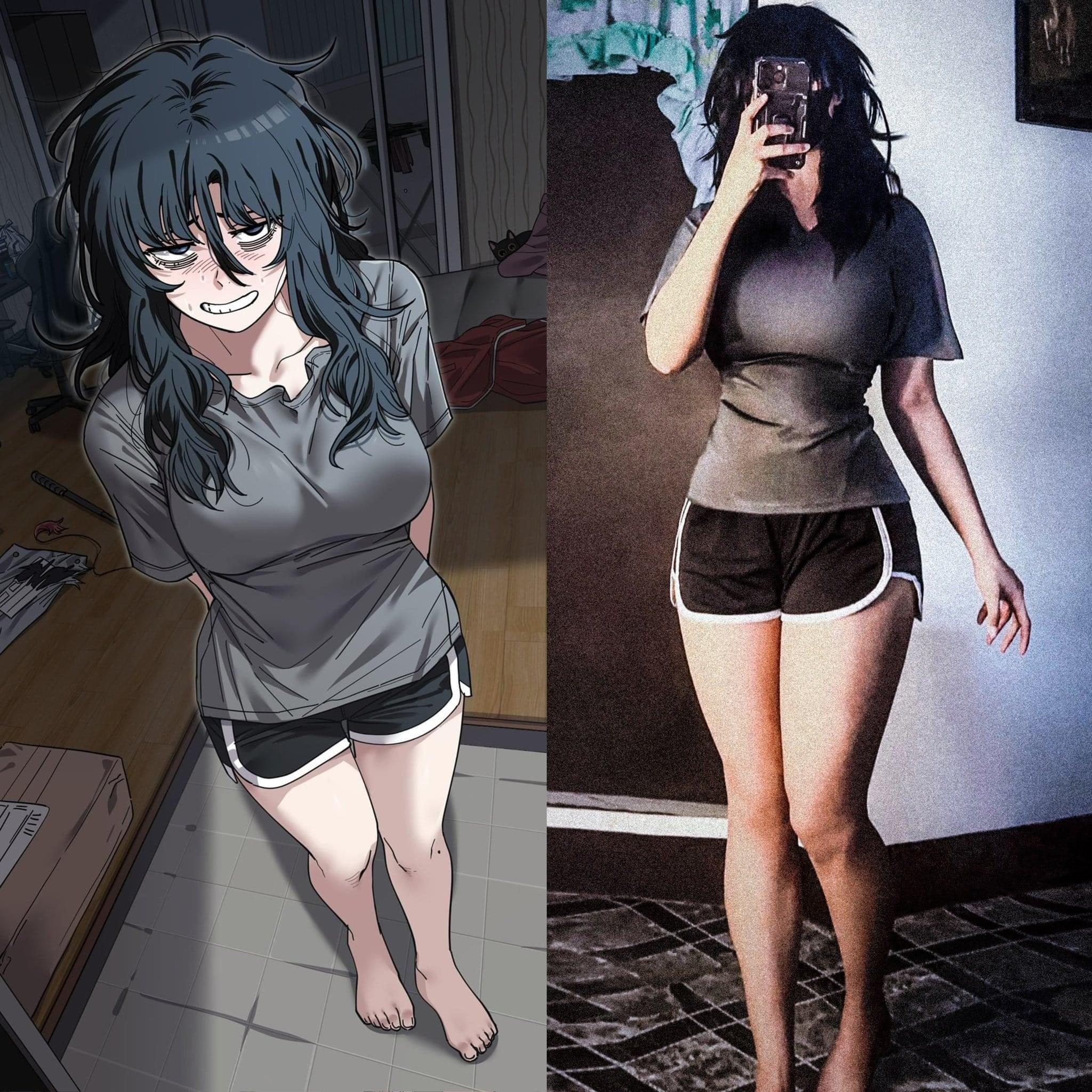 he image is a split image showing a sidebyside comparison of a female character from a webtoon or manhwa on the left and a person cosplaying the character on the right. the character is depicted in a simple grey tshirt and black shorts. both the drawing and the cosplay are very similar in pose and attire, showcasing the accuracy of the cosplay. the background of the drawing suggests an indoor setting possibly a room, while the background of the cosplay is a more dimly lit room.  the cosplayer is taking a selfie with a phone.