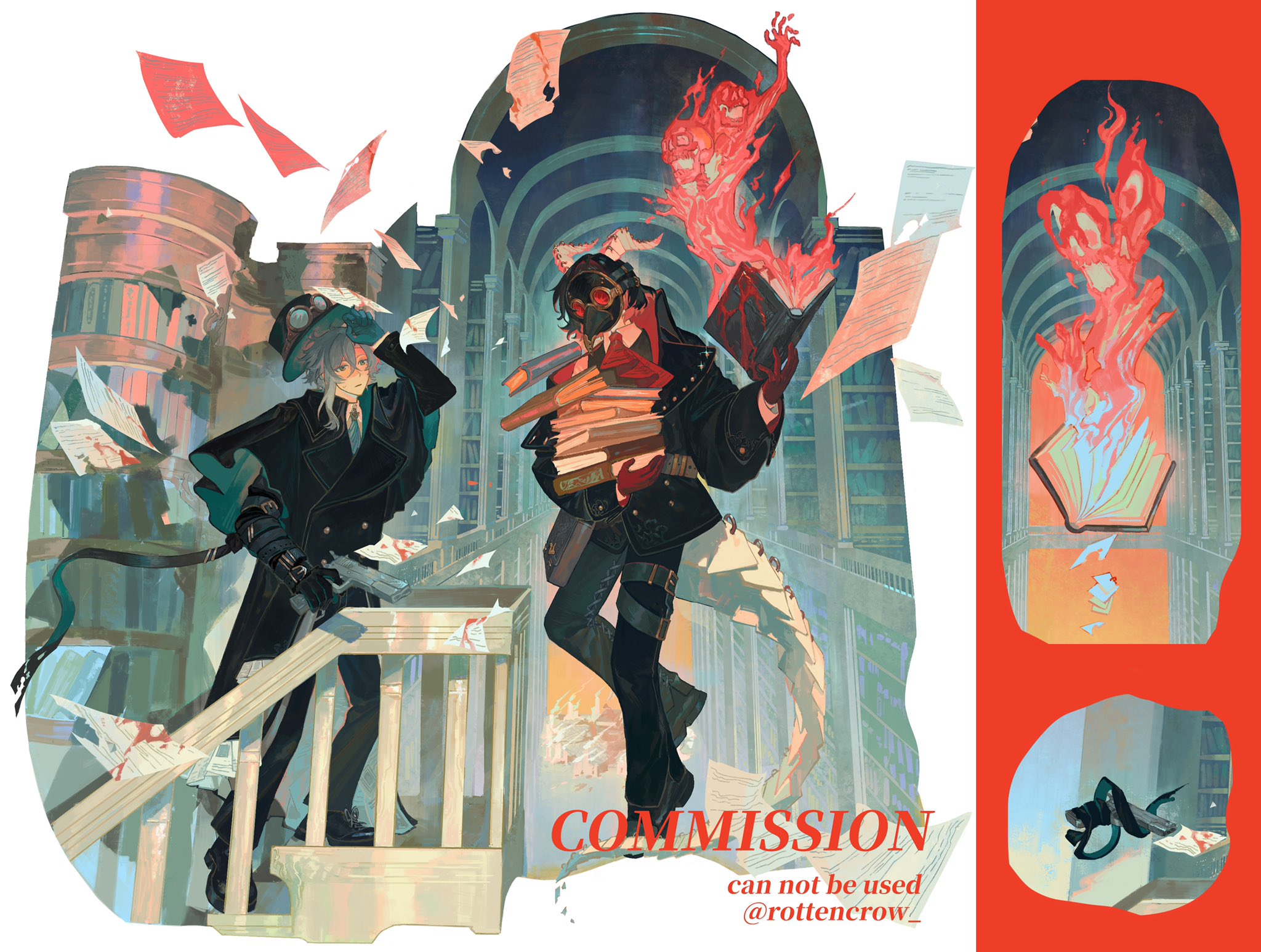 this is a digitally illustrated artwork. the image is set in a gothiclooking library with a lot of books and scrolls all around.  there are two main characters standing at the edge of a staircase. one of the characters is wearing a dark suit and a black hat, and the other character is wearing a red jacket, black pants and a steampunkesque gas mask.  there is a ghost or spirit flying in the air above both of them that is composed of fire and light. there is a book in the air next to the ghost that is also made up of fire.  the image has a very fantasy feel with many details. there are many papers and books scattered around the library.  the image is very welldone and the detail is impressive. the image appears to be a commission.