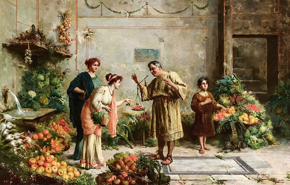 the image is a painting depicting a roman market scene. a merchant in a toga stands with scales, weighing fruit for a female customer. another woman stands behind her, and a child stands near a display of produce. the market is filled with various fruits and vegetables, and there is a fountain in the background. the scene is lit with soft light and shadows, creating a sense of depth and realism.