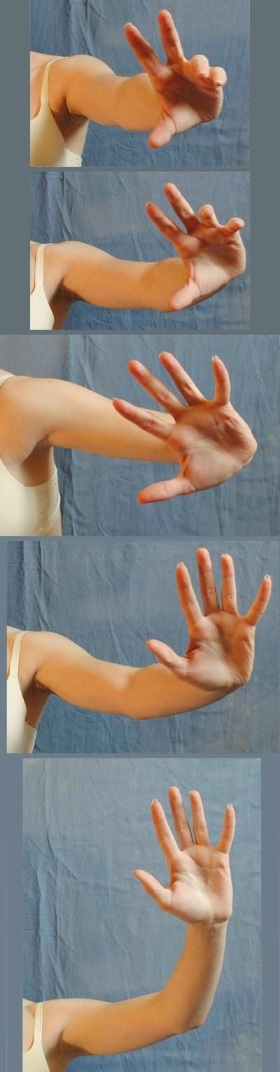 a series of 4 photos showcasing a woman's arm in different poses. the photos are aligned and show her arm in each pose with an open hand. the woman is wearing a white shirt and the background is a light blue color.