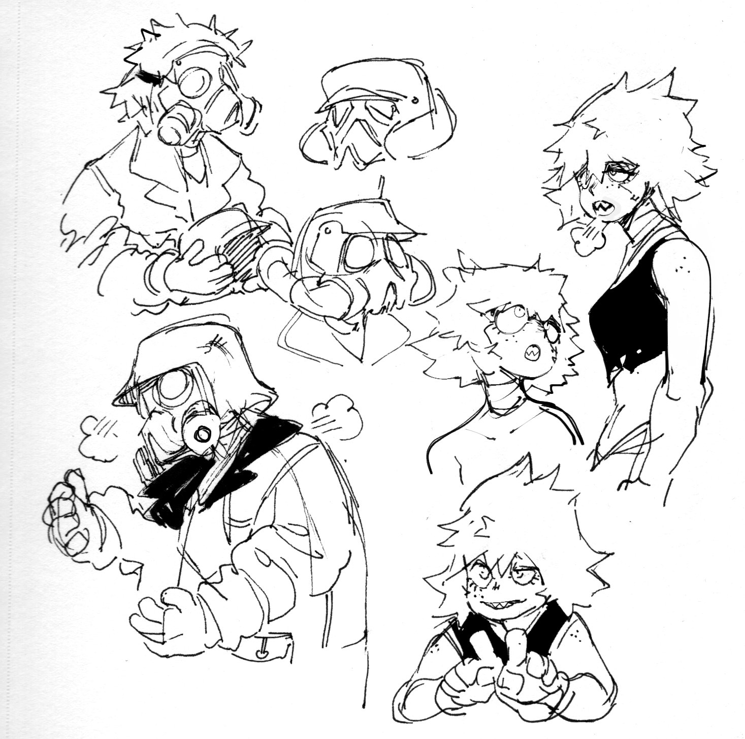 this is a black and white sketch of six anime/manga characters. the first character is a boy in a gas mask and a jacket. the second character is a boy wearing a gas mask and a hooded coat. the third character is a girl in a gas mask and is wearing a jacket. the fourth character is a girl wearing a crop top and has a headband. the fifth character is a boy with a beanie on, wearing a mask, and a jacket. the sixth character is a girl wearing a headband, with her hair tied up in a bun, and a smile.