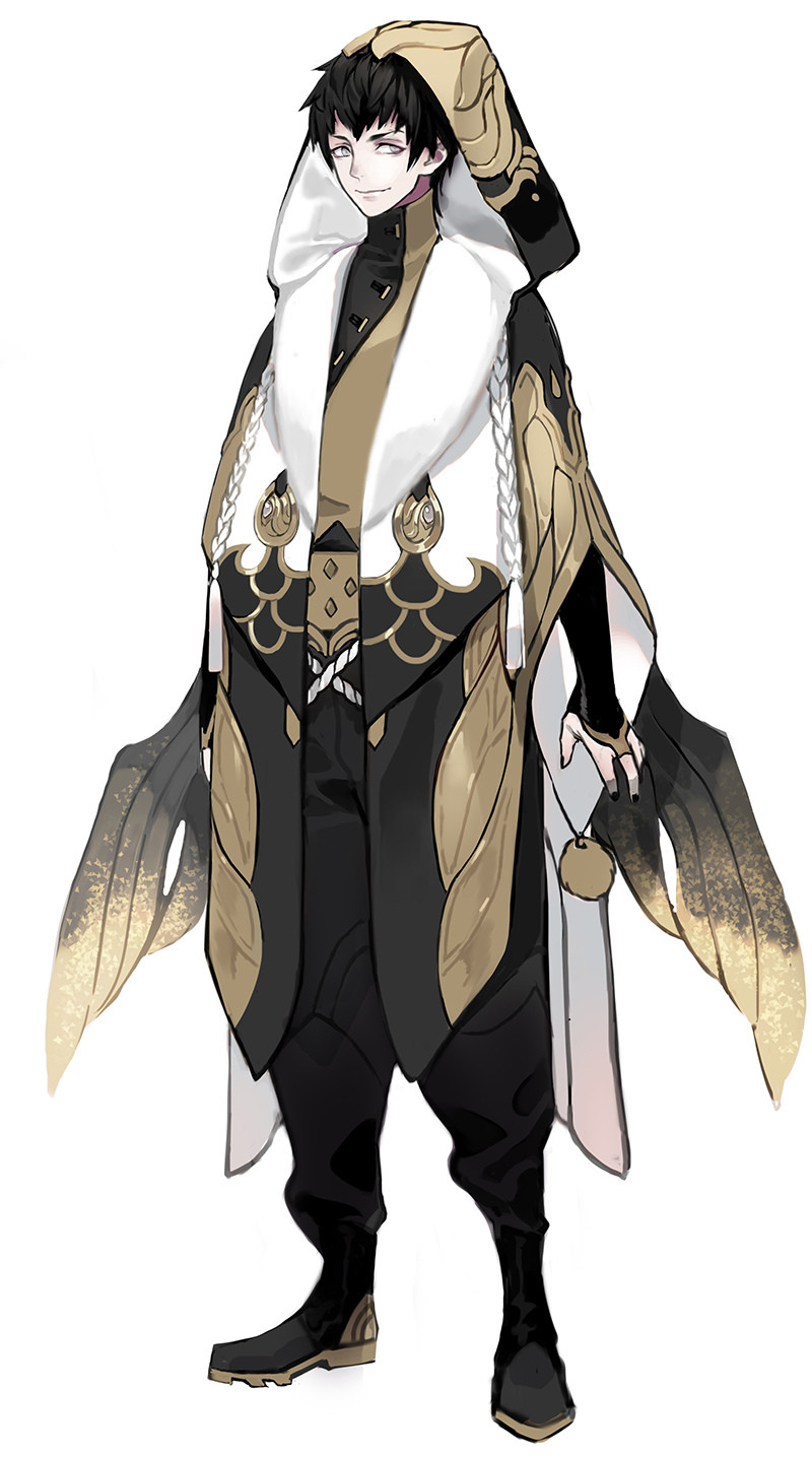 an anime illustration of a young man in a fantasy outfit with gold and black patterns and long sleeves. he is wearing a white hood over his head, black pants, and boots. he appears to be wearing some kind of winglike garment on his back.