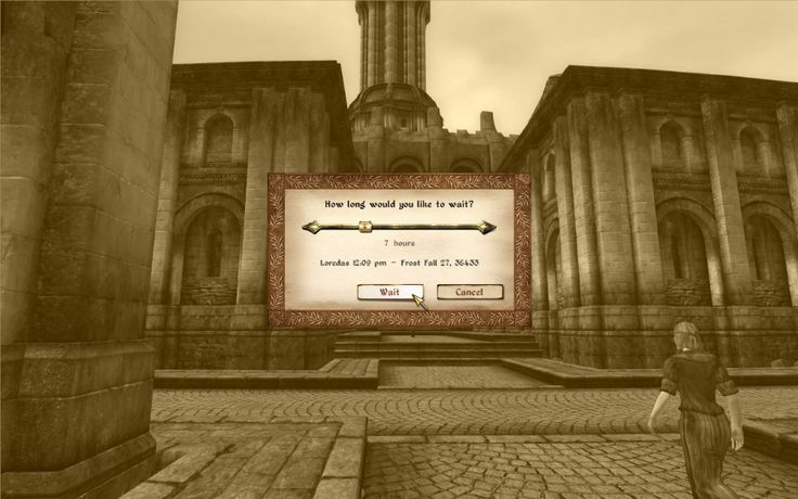 a screenshot from the video game the elder scrolls iv: oblivion, where the player is presented with an ingame menu to wait. the menu includes a slider for the length of time to wait, the current time and date, and buttons to "wait" or "cancel". the scene is a large hall with a stone floor and arches on either side. the game's interface is in a vintage, parchmentlike style. the player can be seen standing at the bottom of the screen.