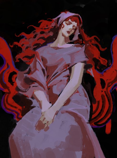 a digital painting of a woman with long, red hair wearing a purple dress. she is sleeping in a dark, gothic setting. there are red and purple shapes surrounding her, which could be interpreted as flames or wings. the image is full of fantasy and dreamlike elements.