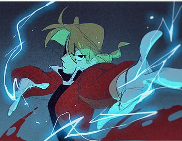the image is a dynamic piece of fanart depicting alphonse elric from the anime/manga fullmetal alchemist: brotherhood. he's portrayed in a powerful pose, his body angled and his arms outstretched,  emitting bright blue electrical or alchemic energy. he wears his signature red coat. the style is stylized and dynamic, with loose lines and a splash of blood splatter adding to the intensity of the action scene. the overall color palette is dark and moody, contrasted by the bright blue energy.  the expression on alphonse's face is serious and intense.