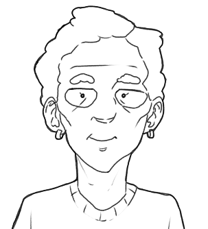 black and white line art drawing of a man's face and shoulders. he has curly hair, small eyebrows, and is wearing earrings. his expression is content and he is looking straight ahead.  the drawing style is cartoonlike.