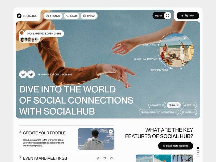 the image is a promotional poster for a social media platform called "social hub". the poster features a pair of hands reaching towards each other, symbolizing connection. the text highlights the platform's key features, including ease of use, security, privacy, powerful tools, and communication without borders. there are also previews of the app's features, such as creating a profile, attending events and meetings, and connecting with other users. the overall message of the poster is that social hub is a platform that enables people to connect and build meaningful relationships.