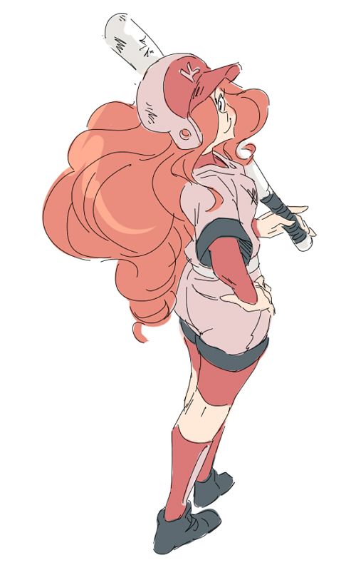 a color sketch of a girl in a baseball uniform with her back turned, looking over her shoulder. she has long flowing red hair and is holding a baseball bat over her shoulder. the image is drawn in a loose and expressive style.