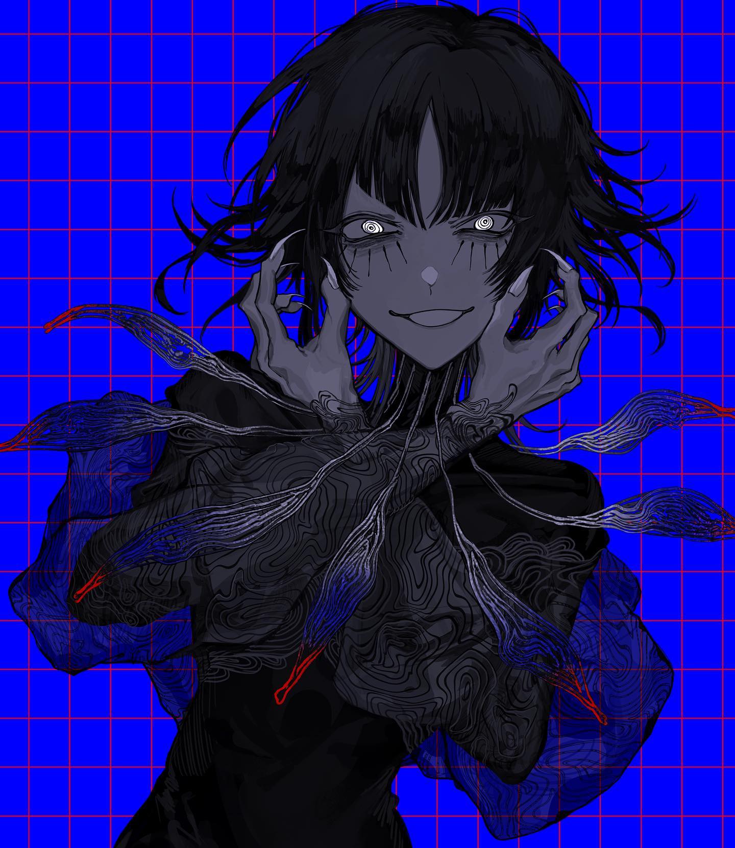 the image depicts a woman with short, messy black hair and an unsettling smile revealing sharp teeth against a bright blue grid background. her eyes are completely black with white pupils, lending a chilling effect.  she is adorned with a complex, flowing garment that seems to meld with her form, particularly around her arms, which appear to multiply into several appendages with swirling, intricate patterns. the overall aesthetic is dark and surreal, bordering on horror, with a distinct emphasis on the unsettling nature of her appearance.