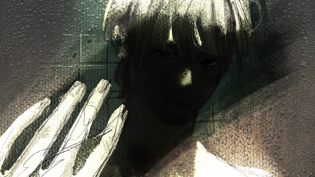 a digital illustration of a person's face, with shadowed eyes and a hand reaching out from the dark background. the image is stylized with abstract textures and lines, creating a mysterious and moody atmosphere.