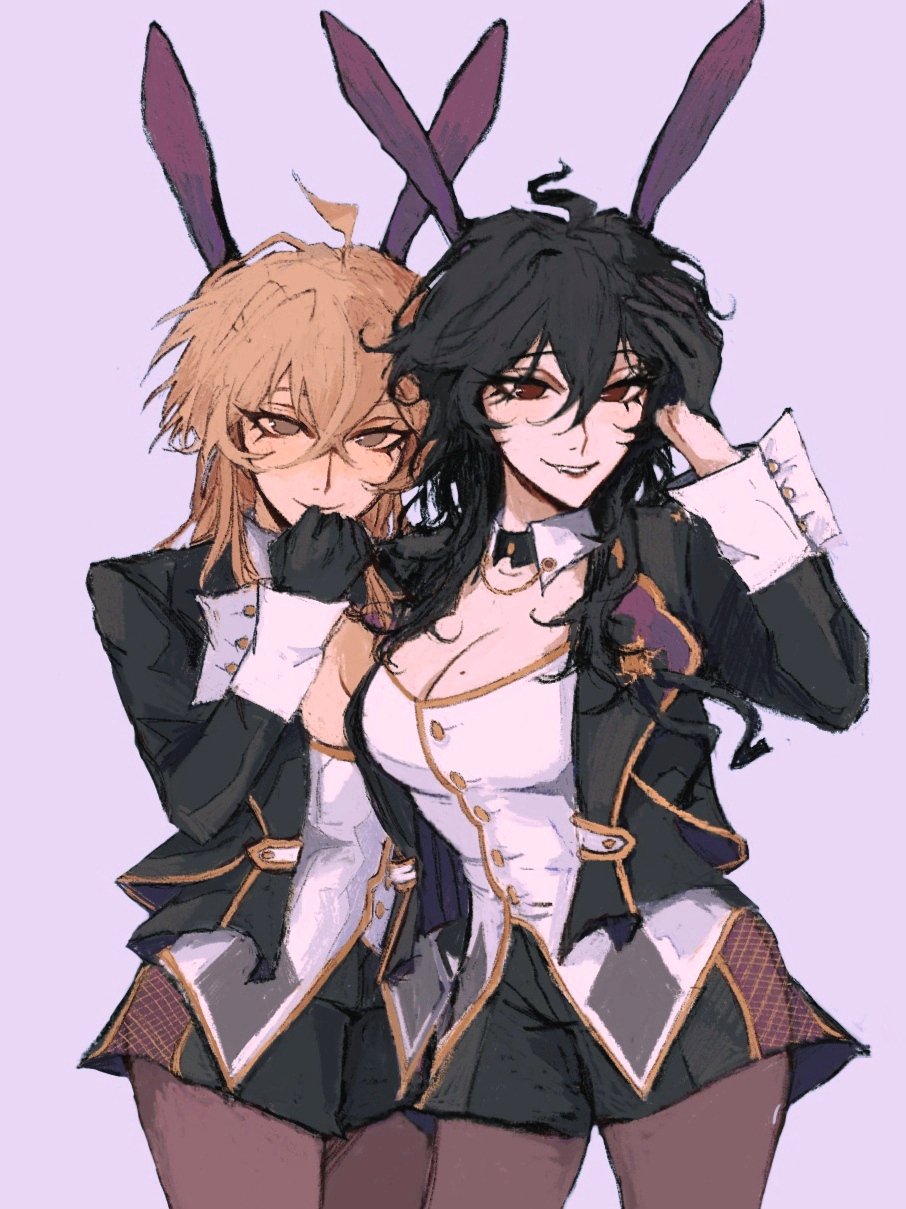 the image is a digital drawing or fanart depicting two animestyle girls.  both are wearing similar outfits which appear to be a combination of a school uniform and a maid uniform, including jackets and waistcoats, with elements of a more stylized and less realistic design. they each wear a pair of purple bunny ears. one girl has long blonde hair, and the other has long dark hair. they are positioned closely together, appearing to be friendly or affectionate towards each other. the art style is soft and slightly sketchy. the background is a plain pale purple.