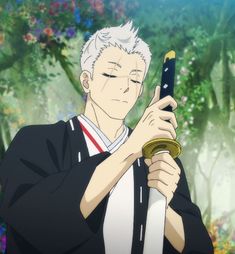 the image depicts an anime character, a young man with white hair, wearing a black kimono with a red sash. he holds a sword in his right hand, his eyes are closed, and he has a peaceful expression on his face. the background is a green forest with flowers.
