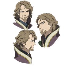 the image shows three different views of the same male anime character's head and shoulders. he has long, light brown hair, a beard, and is wearing dark clothing with yellow trim.