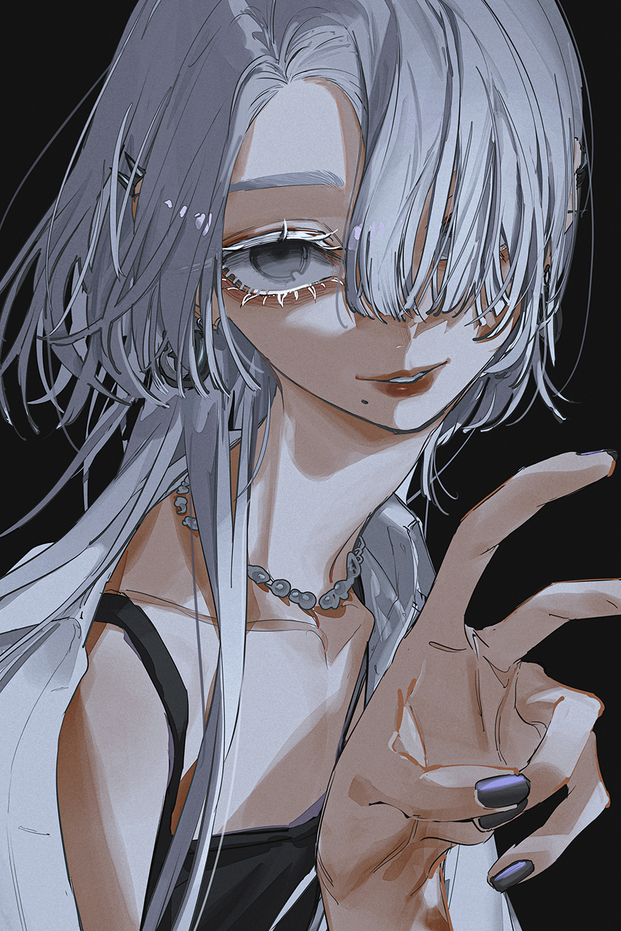 a digital drawing of an animestyled girl with long white hair, blue eyes, and dark clothing, posing with her hand in the air. she has a necklace and a small smile. she has dark nails. she is in a dark background. the drawing is done in a very stylized and artistic way.