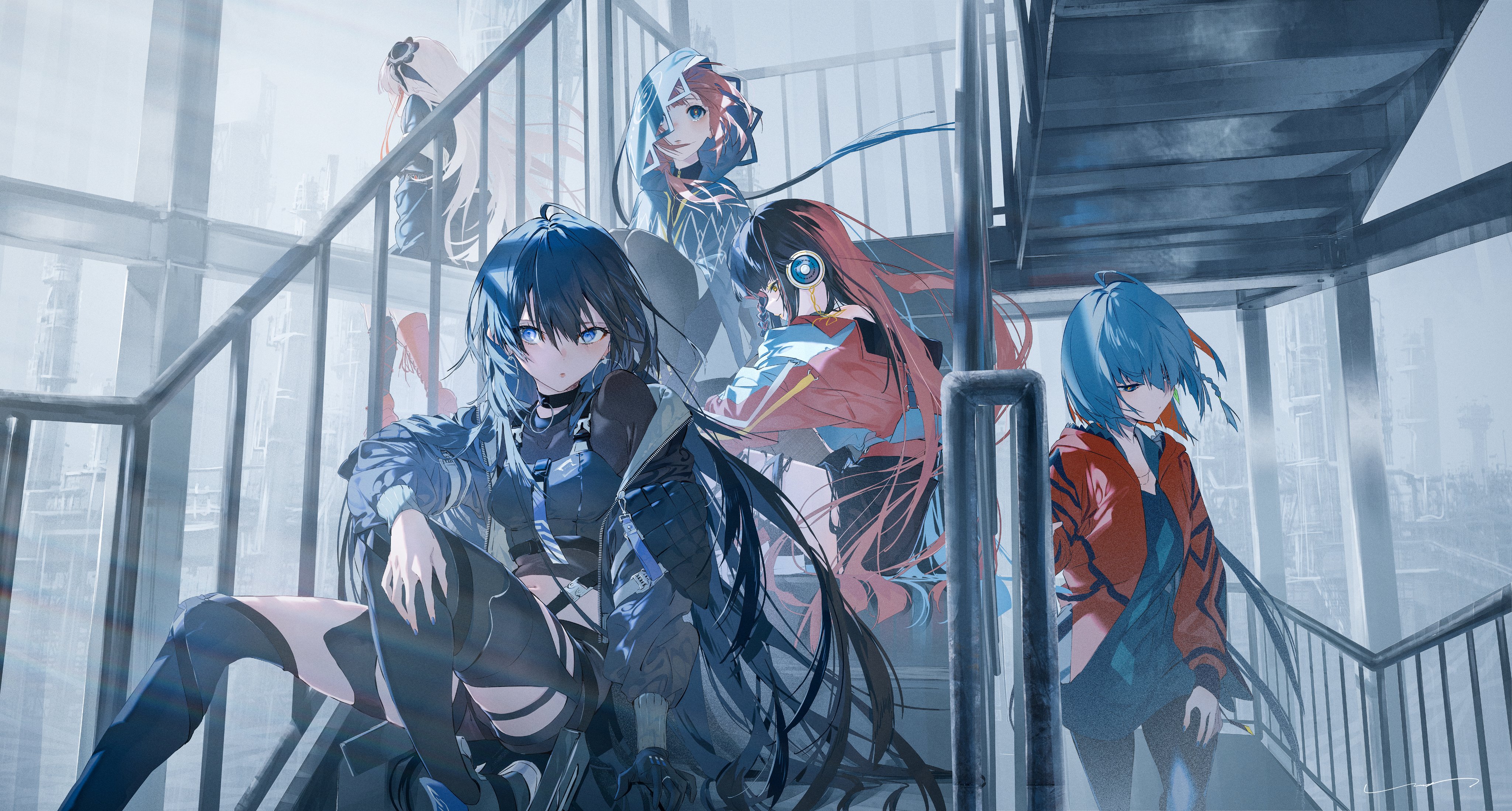 the image is a digital illustration of four anime girls in a cyberpunk setting. the girls are all dressed in futuristic clothing and have unique hairstyles. they are standing on a metal platform that looks like a balcony. the girls are posed in a mysterious and dark way. one girl is holding a weapon. the background is a futuristic city with buildings and structures. the image is full of color and detail and is a great example of cyberpunk art.