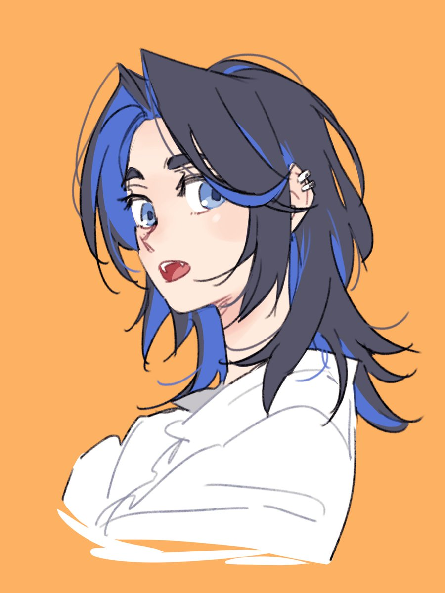 a drawing of a woman with blue and black hair, with fangs slightly visible. she is wearing a white shirt and has a small scar on her cheek. the background is a solid orange color.