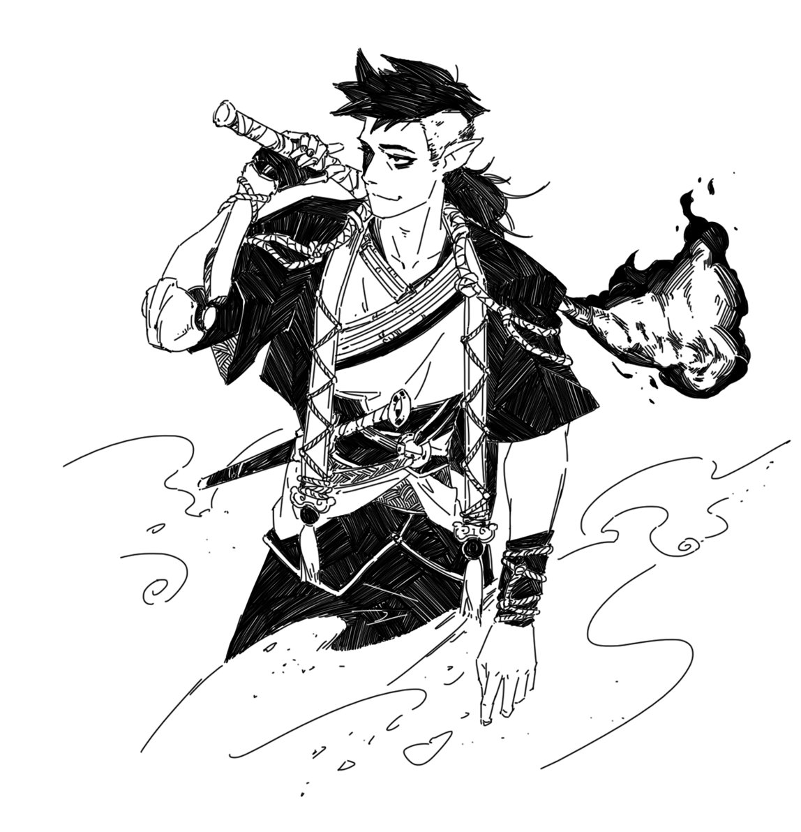 the image is a striking black and white ink drawing or sketch of a stylized fantasy character, possibly an elf or similar being, with long dark hair styled upwards. the character is depicted in a dynamic pose, holding a staff or short sword in one hand, with a trail of dark flames or smoke emanating from behind them. they wear clothing reminiscent of east asian attire—a flowing top with elaborate detailing and a belted lower garment—combined with elements suggesting a fantasy warrior aesthetic. the style is bold and expressive, using strong lines and shading to create a sense of movement and drama. the background is simple, allowing the figure to stand out prominently. the overall mood is dark and mystical, with a focus on the character's power and unique visual design.