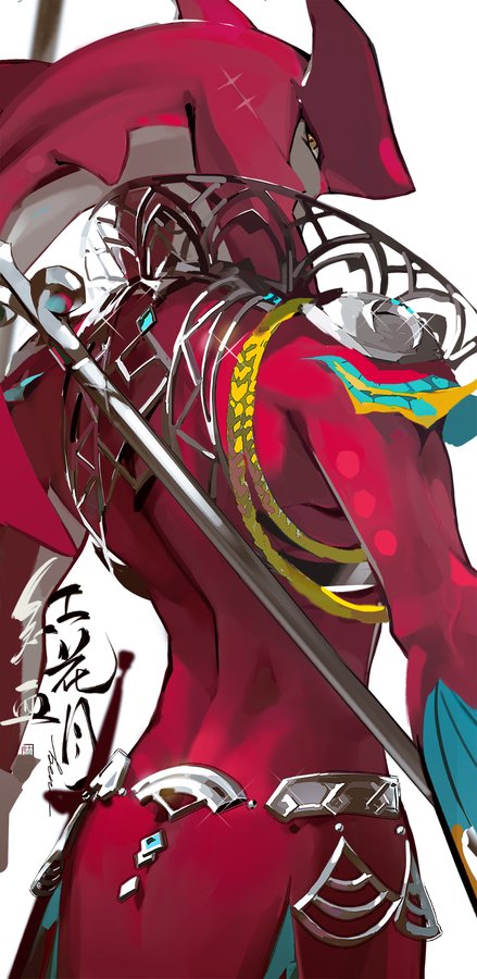 the image showcases a stylized character design of a warrior, primarily viewed from the back. they are clad in vibrant red armor adorned with silver, gold, and turquoise details. a long sword is held casually over their shoulder, further emphasizing the warrior theme. the character's head is covered by a helmet with a distinct shape, adding to the overall fantasy aesthetic. the lighting is bright and sharp, highlighting the character's form and the intricate details of their armor. the low camera angle creates a sense of power and dynamism, even though the character is relatively static in pose.