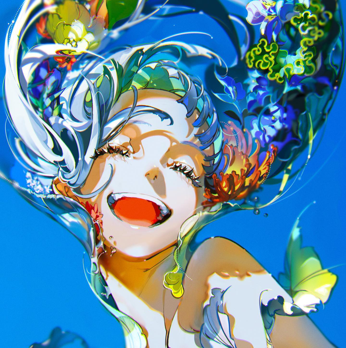 the image is a digital illustration of an animestyle girl with flowing, vibrant hair adorned with various flowers and butterfly motifs. she appears to be underwater or swimming, surrounded by swirling water and colorful floral patterns.  her expression is one of pure joy and happiness, with a wide, open smile. the overall style is highly stylized and detailed, with intense and saturated colors creating a dreamlike atmosphere.  the art is characterized by its fluid lines and dynamic movement.