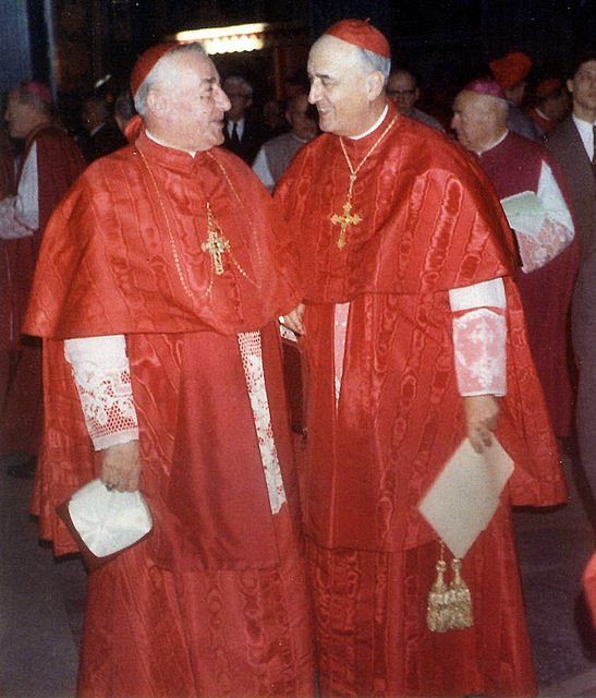 the image shows two cardinals in red vestments and hats. they are wearing cross necklaces and have lace sleeves showing under their robes. one cardinal holds a white paper and the other holds a white envelope. they appear to be in a crowd, possibly at a religious event.