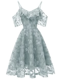 a beautiful grey lace offtheshoulder dress with a delicate floral pattern. the dress has a flowy, feminine silhouette that is perfect for a summer party or special occasion. it is a versatile style that can be dressed up or down.