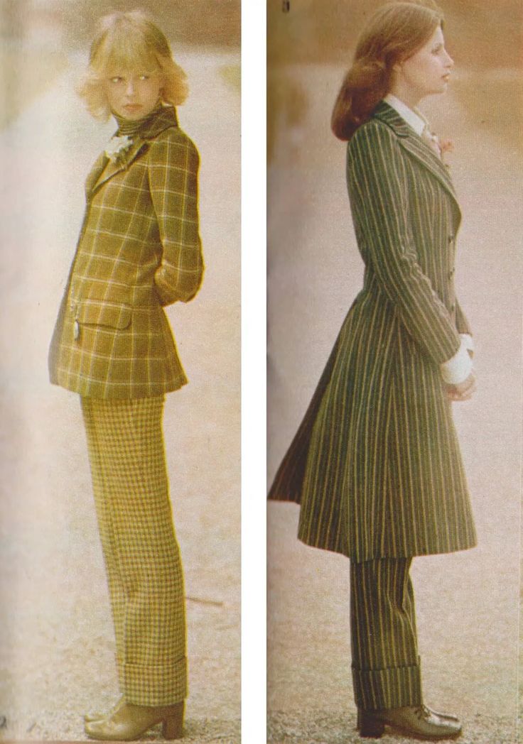 he image showcases two models from a vintage 1970s fashion catalog, each wearing a distinct pantsuit. on the left, a model is dressed in a plaid pantsuit featuring a slightly cropped jacket and widelegged pants. the model on the right sports a striped pantsuit with a longer, coatlike jacket and matching pants, that are cuffed at the ankle. both outfits reflect the fashionable styles popular during the 1970s. the images are presented side by side and show a fulllength view of each model from the side. the background in both cases is a blurred outdoor setting, typical of fashion photography of the era. the overall aesthetic is soft and vintage, capturing the subtle hues and textures of the clothing materials.