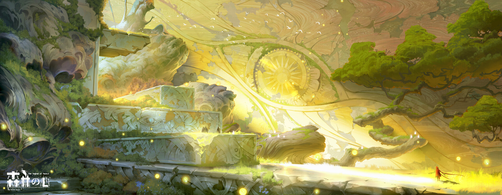 a wide, sundrenched vista showcases the remnants of an ancient temple, now overtaken by nature. lush trees and vines crawl over the weathered stone, their leaves a vibrant counterpoint to the pale gold of the ruins. a lone figure walks a path towards the temple's heart, dwarfed by the scale and majesty of the structure. the air shimmers with golden light, hinting at a forgotten magic that still lingers in this lost corner of the world.