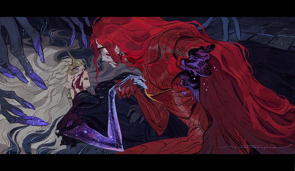 this digital painting depicts a dramatic scene of two figures, a woman with long blonde hair and a man with long red hair. the woman is lying on the ground, her face covered in blood and a pained expression. the man is kneeling over her, his hand reaching out to her, his expression filled with sadness.  the scene is set in a dark, shadowed space, suggesting a feeling of despair and suffering. there are clawlike shadows surrounding the figures, suggesting a struggle or a threat. the woman's hand is glowing a luminous blue, while the man's body is covered in a vibrant red. their expressions suggest a deep love and a shared pain, emphasizing the dramatic nature of their situation. the intricate details of the art, from the hair to the shadows, create a haunting and emotionally charged scene.