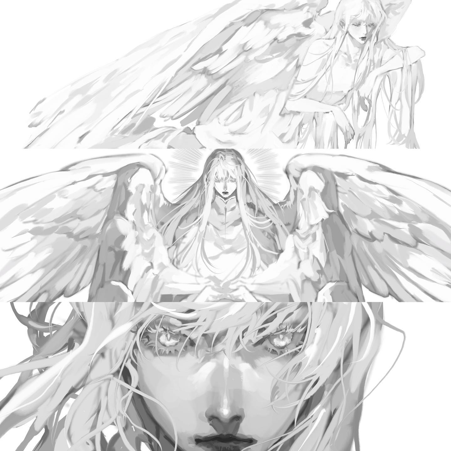 the image is a grayscale artwork depicting three different depictions of an angelic being. the top section shows a figure with large, feathery wings, long hair, and a serene expression, appearing somewhat reclining. the middle section presents a more central and frontal view of an angel with similar features but a more regal posture, possibly seated,  emphasized by a halolike effect. the bottom section focuses closely on a face, with long, flowing hair and intense eyes, possibly implying a younger version of the same angelic entity. the style is painterly and ethereal, with a focus on soft shading and subtle details that add depth and mood. the overall composition evokes feelings of serenity and mystery.
