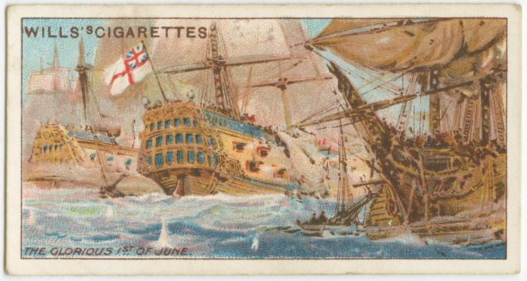 a vintage image of a naval battle between sailing ships. the image is a cigarette card from wills's cigarettes, titled "the glorious 1st of june". several ships are depicted in close combat, with one flying a flag of the royal navy. the scene is actionpacked, showing the intensity of the battle with rough seas.