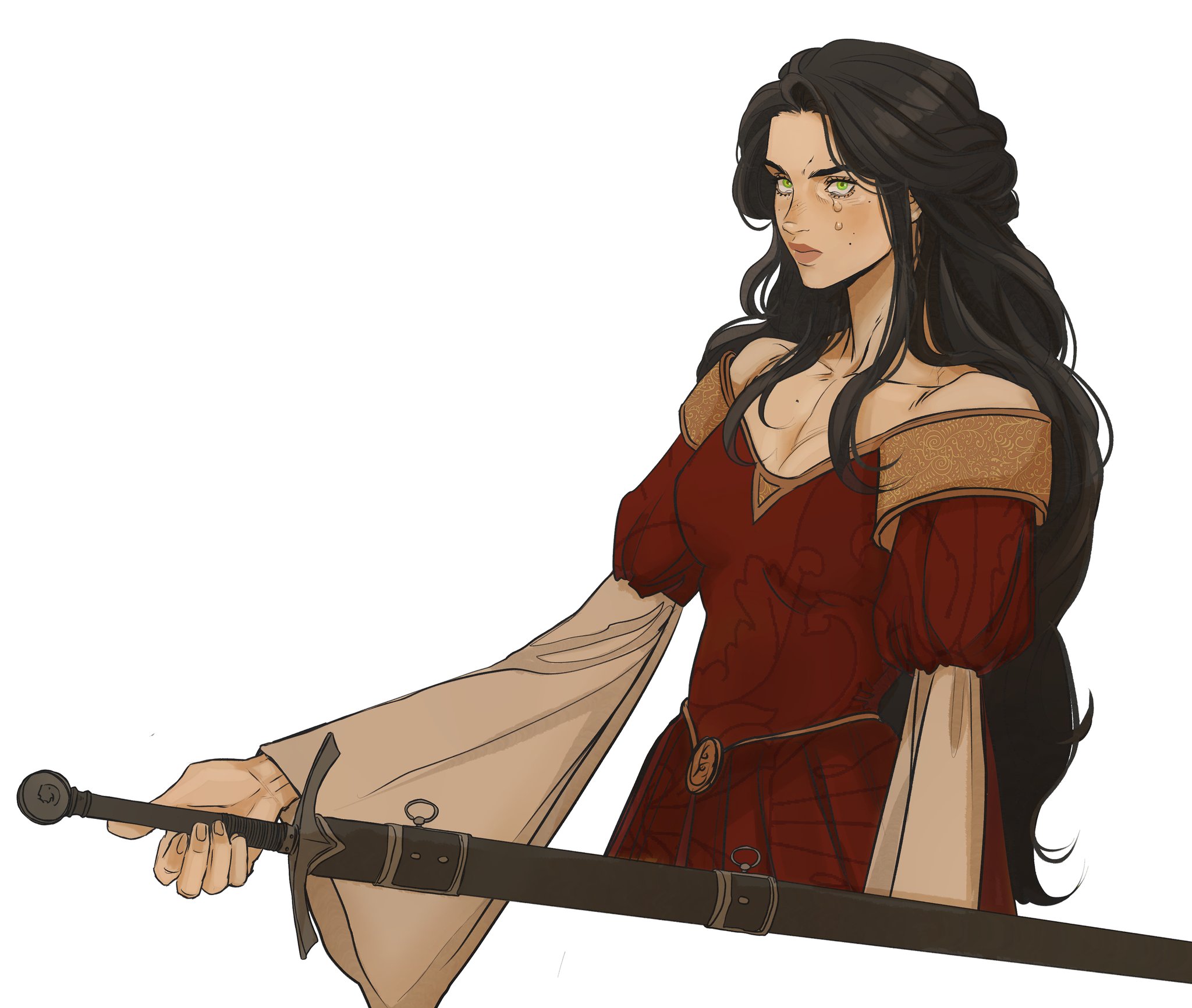 a woman with long black hair and green eyes is depicted in a fantasy illustration. she's wearing a red dress with gold trim and is holding a longsword horizontally in front of her. tears are visible on her face.