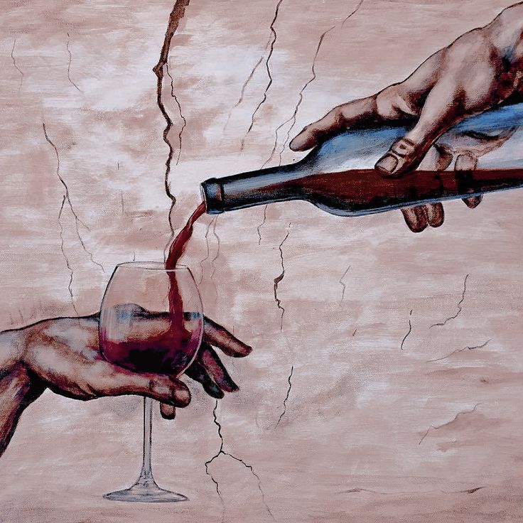 the image is a painting depicting two hands interacting in a scene reminiscent of religious iconography. one hand, appearing larger and more powerful, pours red wine from a bottle into a wine glass held by a smaller hand. the background features a cracked, textured wall, possibly suggesting age or fragility. the style mimics classic renaissance painting techniques. the colors are primarily muted earth tones with the deep red of the wine as a striking contrast. the overall effect is symbolic, potentially suggesting themes of sharing, sacrifice, or communion.
