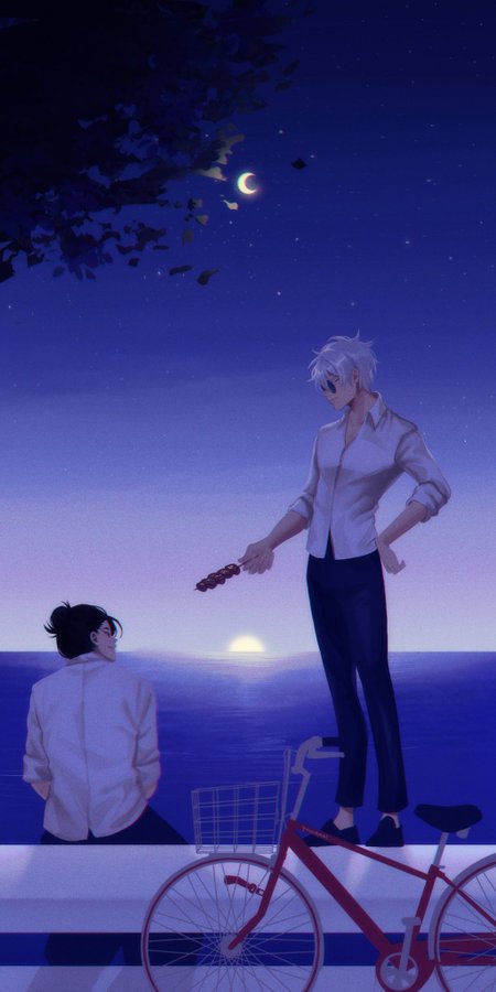 a man and a woman are standing on a beach, looking at the sunset and stars above them. the man is holding a food item, and the woman is looking down at him with a smile. there is a bicycle next to the man, and there is a faint crescent moon in the sky. the couple is enjoying a romantic night together on the beach.