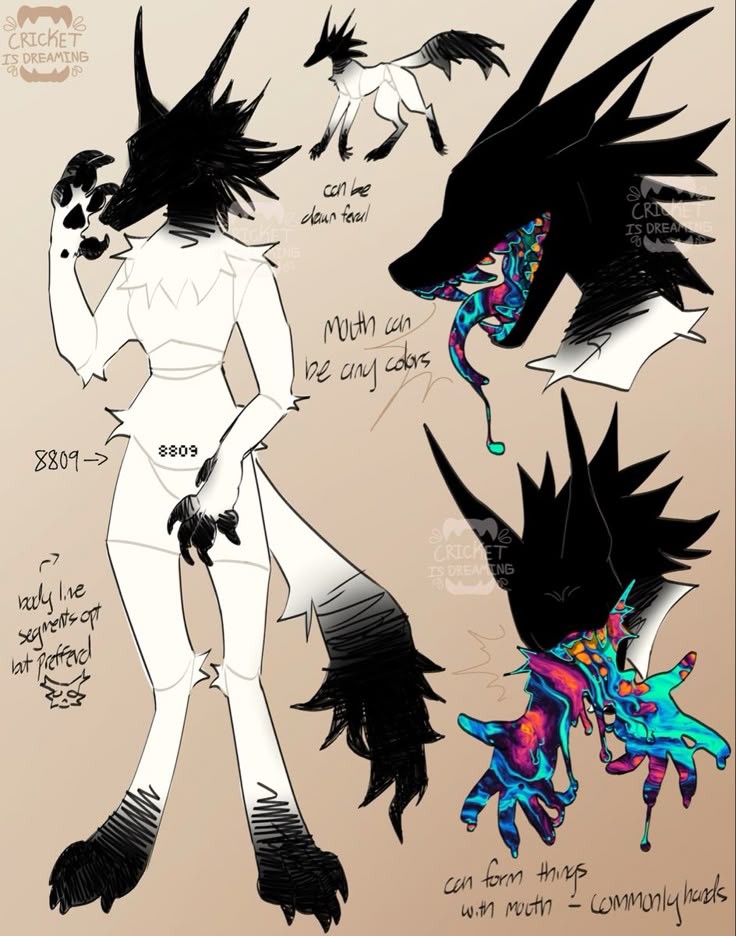 the image shows a character design sheet for a creature. the creature has a wolflike build, primarily white fur with black accents on its head, paws, and tail. the head is angular and spiky with no visible facial features except for a mouth filled with colorful, flowing liquid. the sheet also shows variations of the creature and closeups of its mouth. text annotations provide design notes, such as the mouth can be any color and can form things, commonly hands.