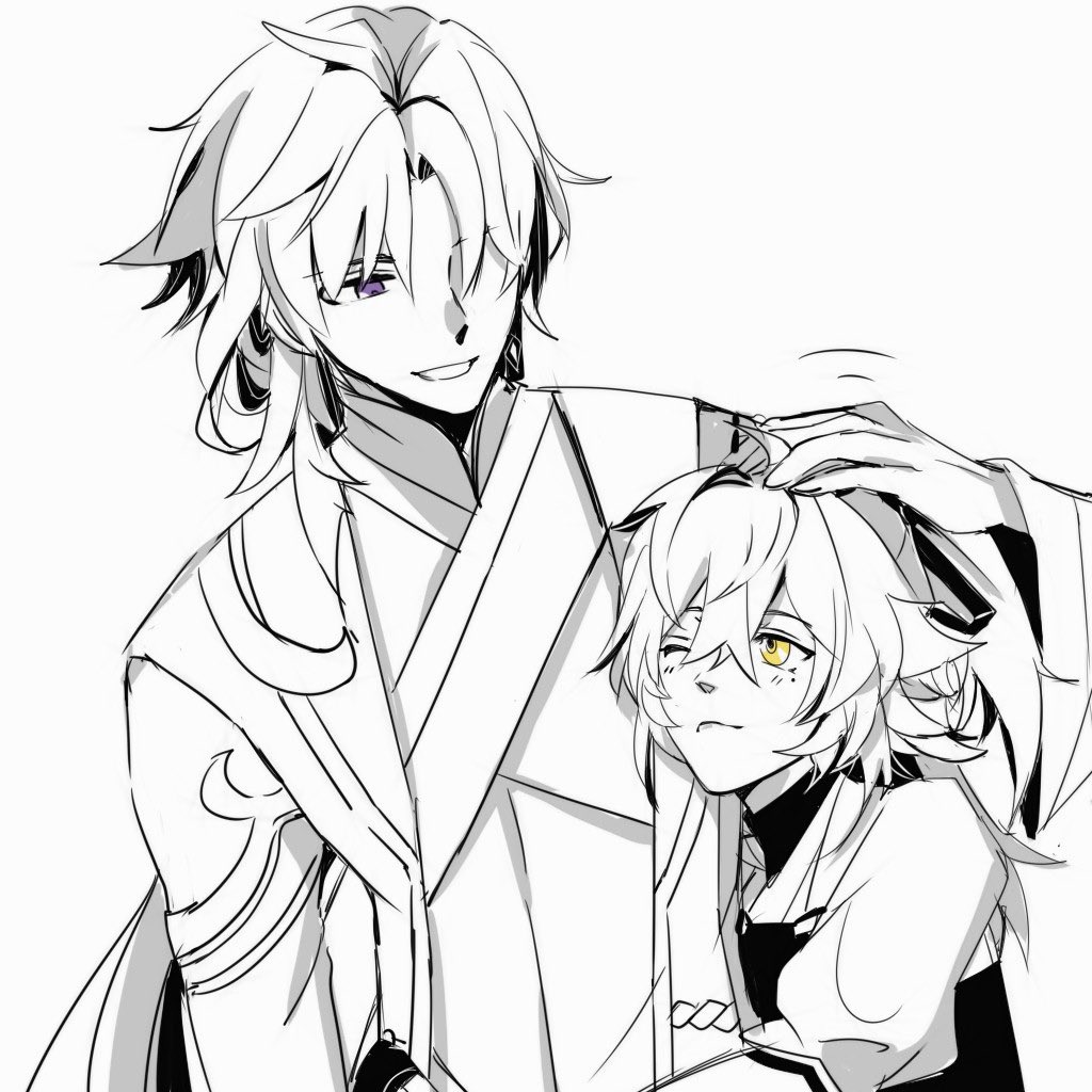 the image is a black and white anime style drawing of two characters. the character on the left is a male with long white hair and a friendly smile. he has his arm around the other character who is a female with short white hair and a slightly closed eye smile.  the male's hand is on the female's head, and his expression seems loving. both of them are dressed in simple but elegant clothes. the drawing style is simple, but very expressive. the characters are standing shoulder to shoulder and look like they are friends. the image evokes feelings of happiness and love.