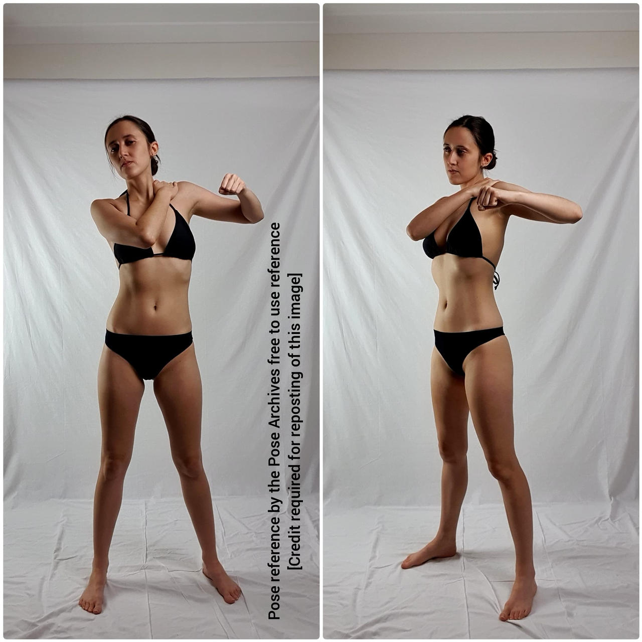 a woman in a black bikini is standing in front of a white backdrop. she is posing for the camera and her arms are crossed in front of her. the image is a reference photo for artists.```