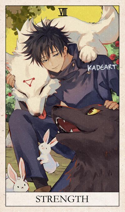 this is a digital illustration of a tarot card depicting the strength card (viii). a young animestyle man with black hair is surrounded by animals: a large white wolf, a smaller black dog, and two white rabbits. the man has a calm and gentle expression, and he is holding the wolf and dog. the scene is set in a garden with flowers. the card is titled "strength" at the bottom. the artist's signature, "kadart," is visible in the upper right corner.