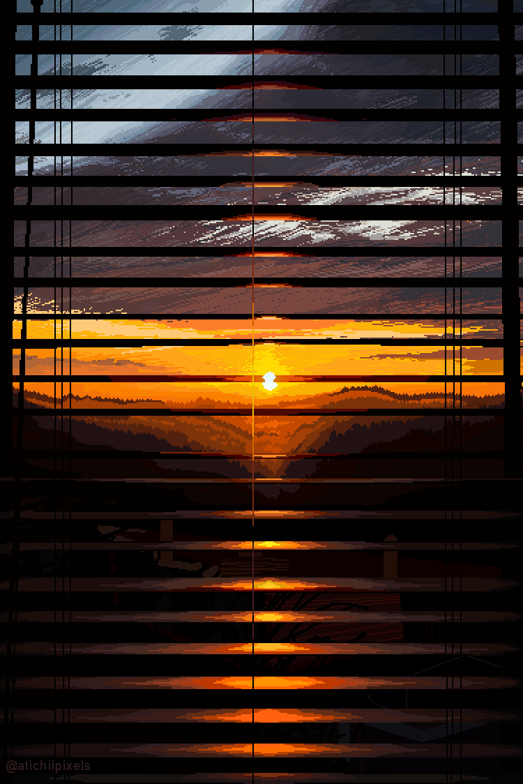 the image is a pixel art depiction of a sunset viewed through window blinds. the scene shows a landscape with silhouetted mountains and trees, under an orange and gray sky with clouds. the sun, depicted as a bright spot, is setting behind the mountains, casting a reflection that is broken by the horizontal lines of the window blinds. the overall color palette is dominated by shades of orange, gray, and black, creating a warm and somewhat nostalgic atmosphere.