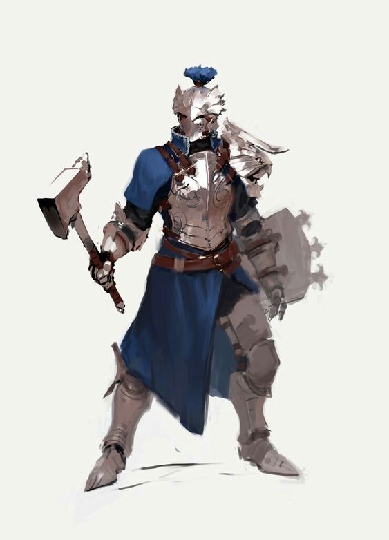 a digital painting of a male knight in full plate armor. the knight is standing with an axe in his right hand and a shield on his left arm. he is wearing a blue tunic over his armor. the painting is done in a realistic style with a soft light source.