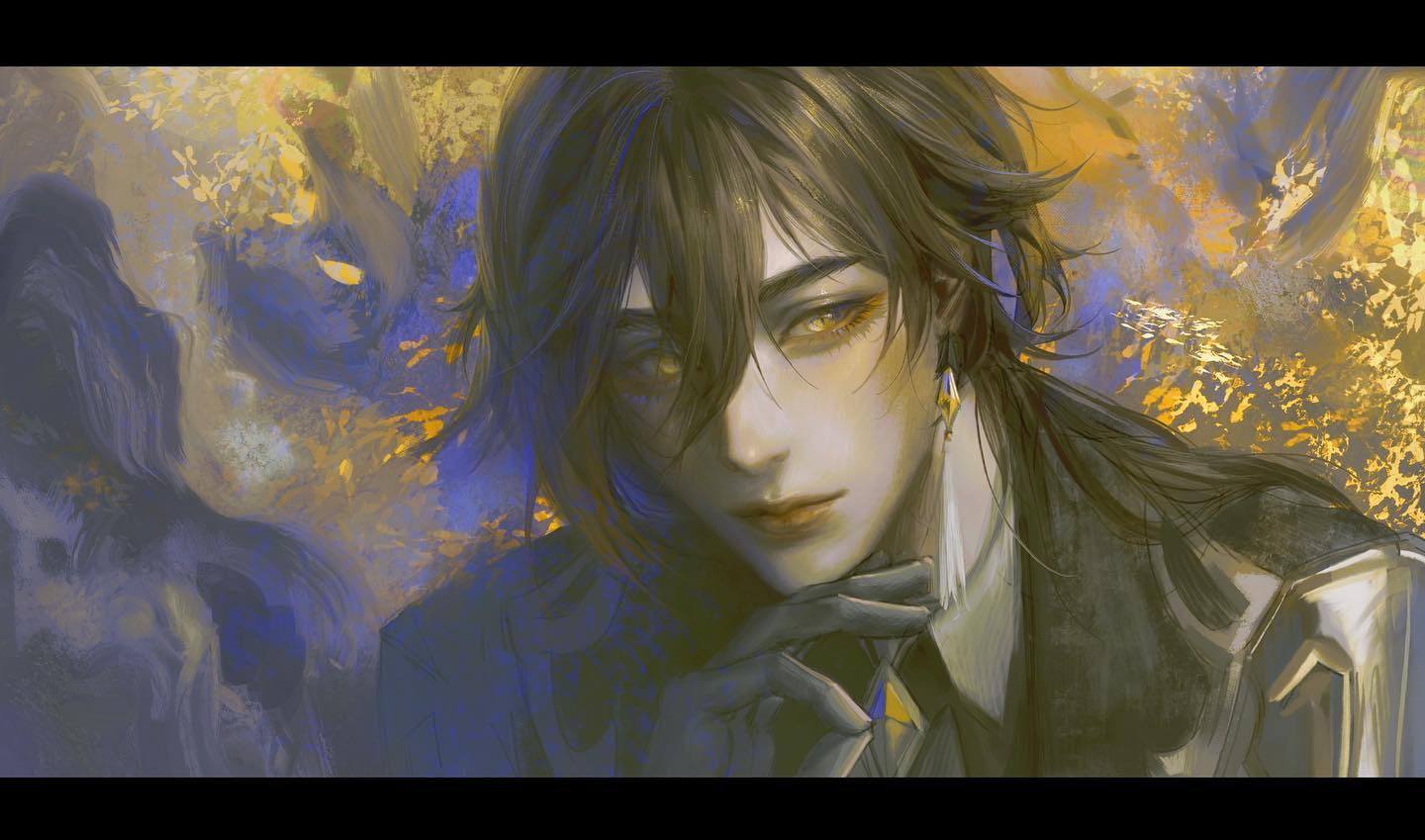 a young anime man with black hair and golden eyes stares directly at the viewer.  his face is shadowed with a hint of mystery. he is wearing a black suit with a white shirt and tie. the background is a blur of yellow and blue colors. the image has a dark and mysterious feel.