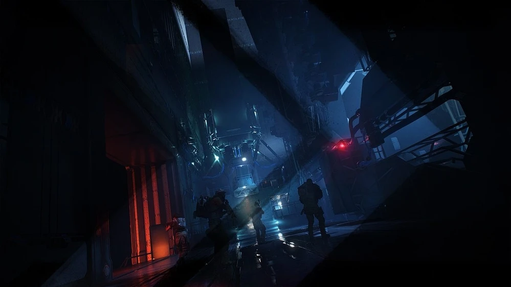this image depicts a dark and futuristic urban environment, seemingly from a scifi video game or film. the scene is dominated by a large, complex metallic structure, possibly a factory or a military installation. the structure casts long shadows, creating an eerie and ominous atmosphere.  a team of soldiers, clad in advanced armor and weaponry, are navigating the dark and shadowy corridors, their faces obscured by helmets. the overall impression is one of danger, mystery, and a sense of impending threat.