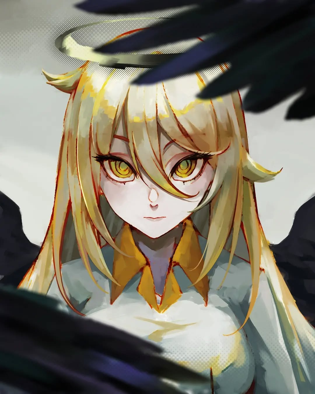 he image is a digital painting of an animestyle girl. she has long, flowing blonde hair and striking yellow eyes. she is wearing a white shirt with a yellow collar, and a halo is subtly visible above her head.  large, dark, feathery wings frame her, creating a contrast between the dark and light elements of the artwork. the style is painterly and somewhat impressionistic, with soft brushstrokes and a focus on atmosphere and mood. the overall feeling is one of fantasy and mystery.
