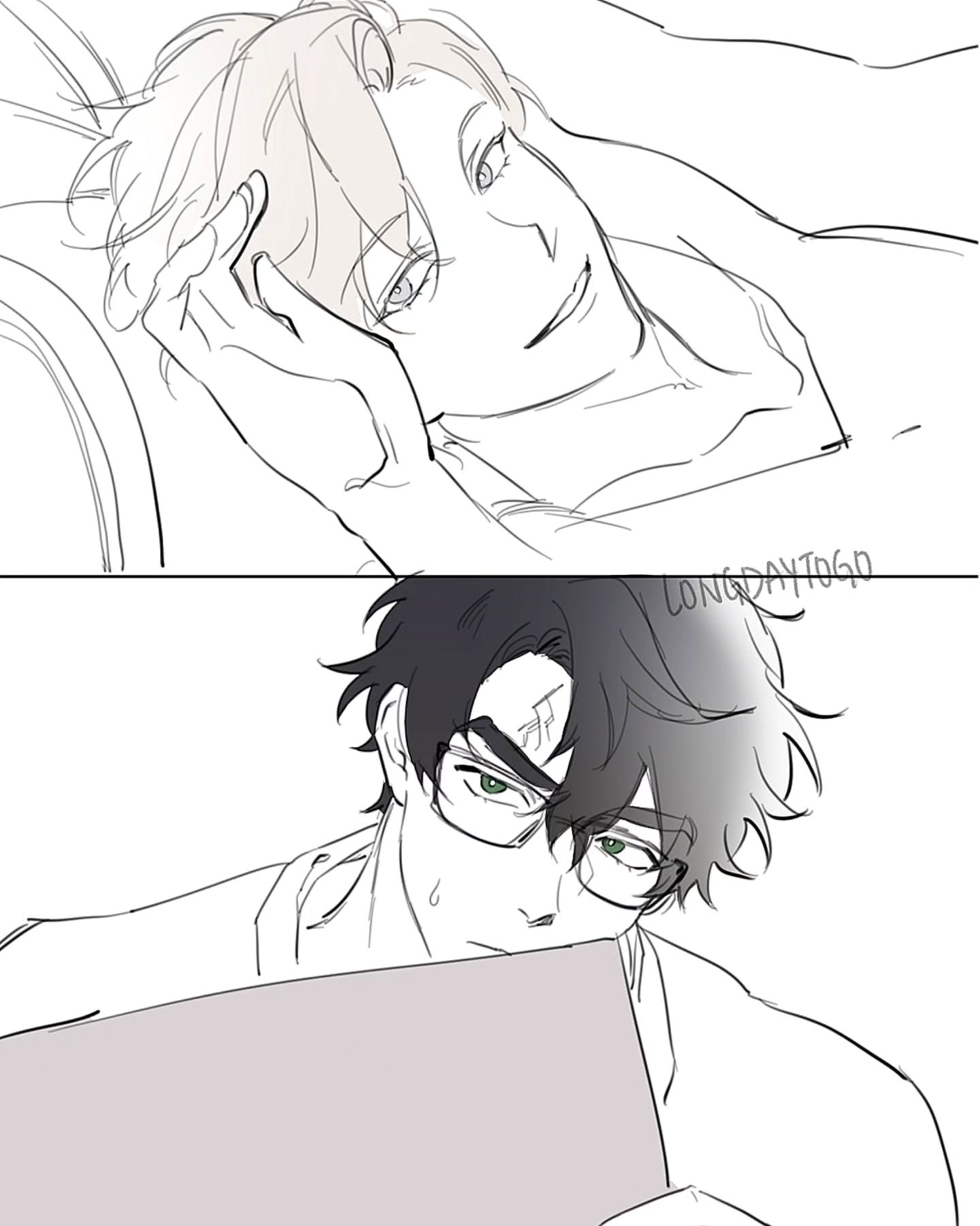 the image contains two panels. the top panel shows a young man with light hair lying on his side, looking relaxed and almost sleepy. the bottom panel shows a young man with dark hair and glasses, looking down at something, perhaps a piece of paper, looking focused and concentrated. the style is reminiscent of manga or anime, with clean lines and a focus on expressions. the artwork appears to be a sketch or a preliminary drawing.