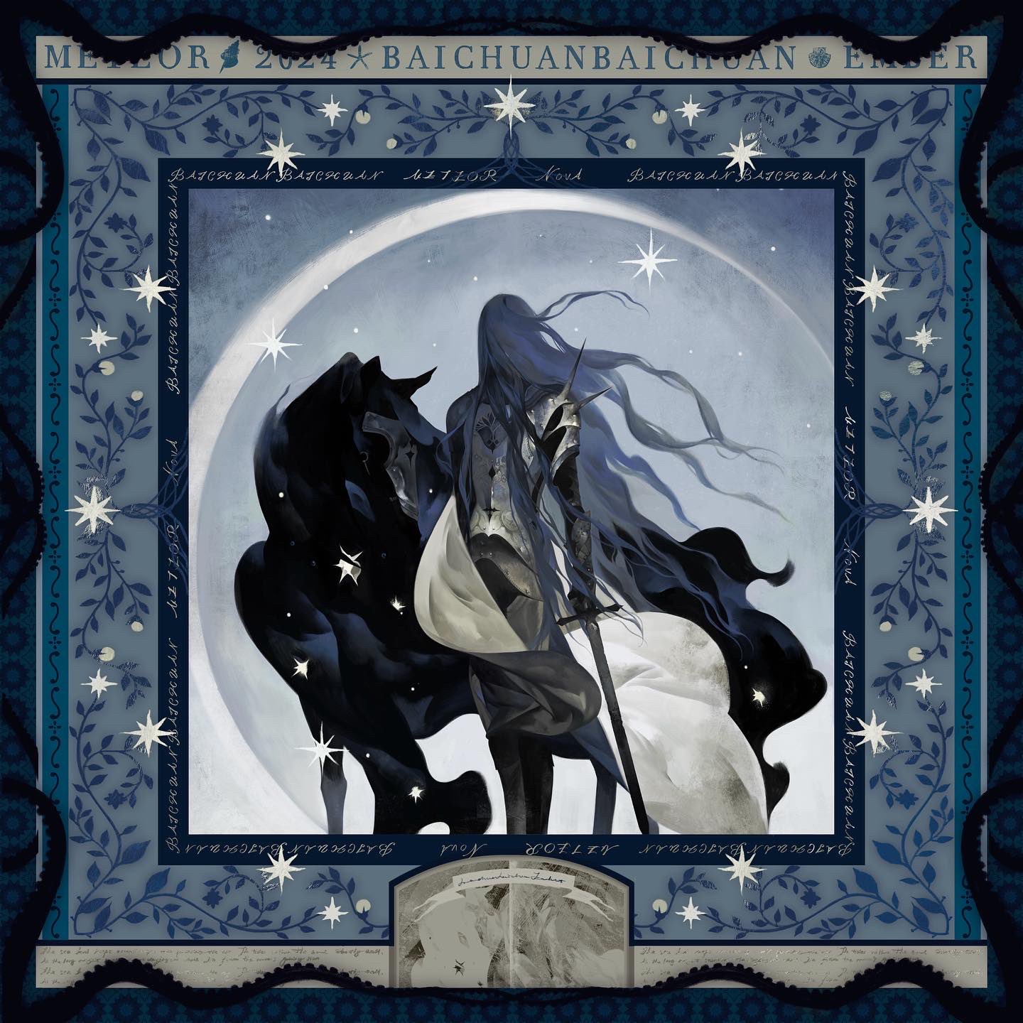 this is a fantasy art illustration depicting a knight riding a horse under a crescent moon. the knight is silhouetted against the moon, making them appear almost ethereal. the scene is full of stars, suggesting a magical night sky. the image is framed by a decorative border that looks like a tapestry, adding a touch of elegance and mystery. the overall impression is one of wonder and enchantment.