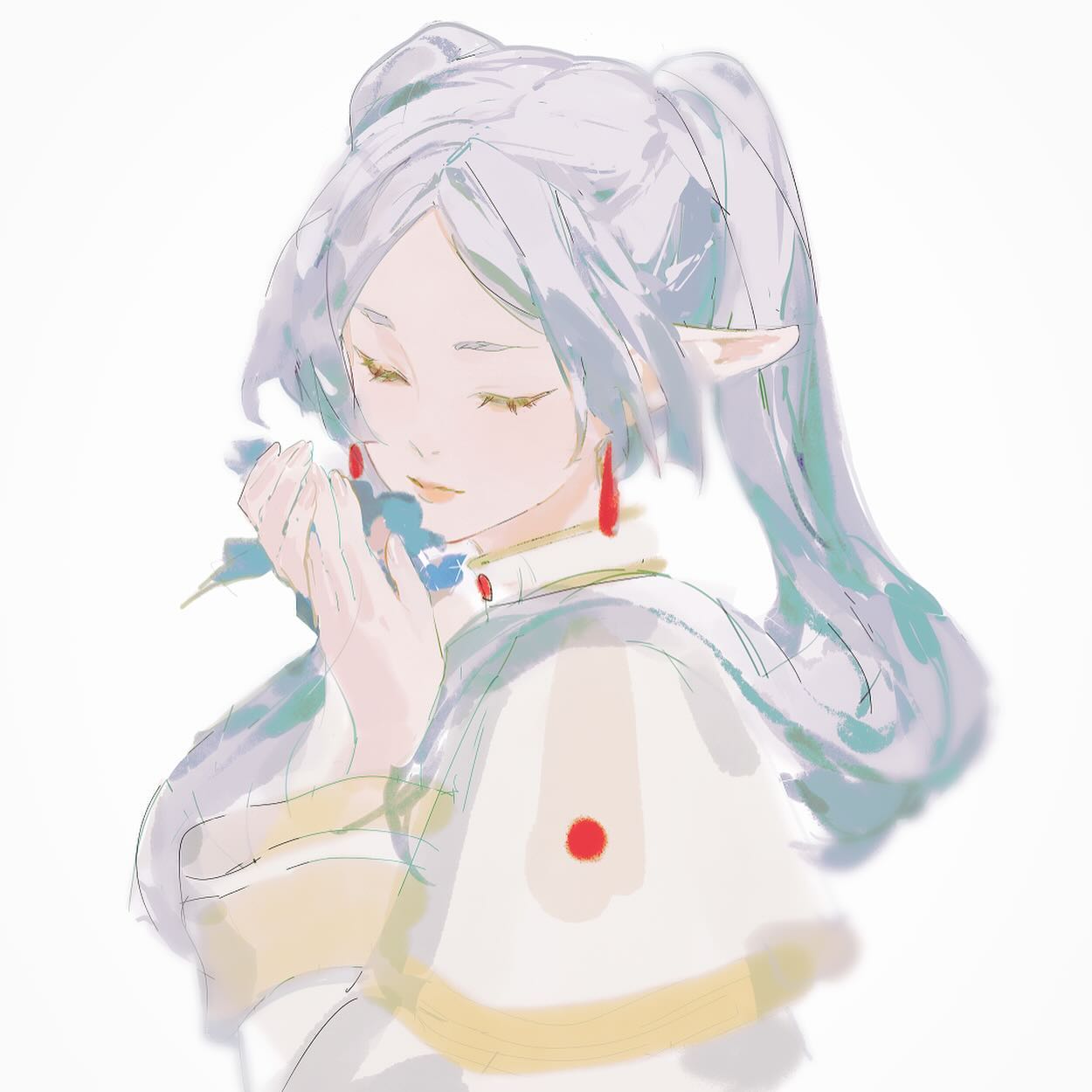 the image depicts a woman with long white hair styled in a ponytail, suggesting she might be an elf. she has pointed ears and wears a white and pale yellow outfit. she holds a small bouquet of blue flowers close to her face, her eyes closed as if she's inhaling their fragrance. the artwork has a soft, ethereal quality due to the pastel color palette and loose brushstrokes.