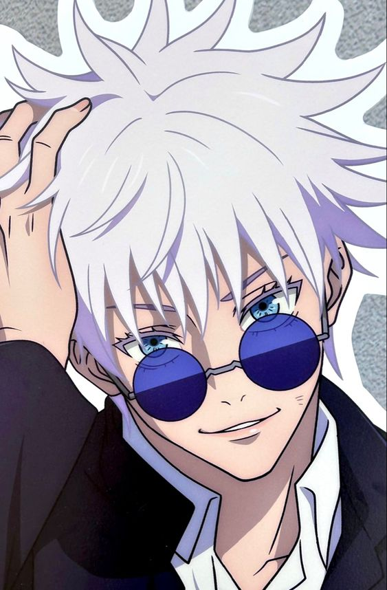 this is a digital fan art portrait of satoru gojo, a character from the anime "jujutsu kaisen". he has white hair, blue eyes, and is wearing sunglasses. he is smirking at the viewer.