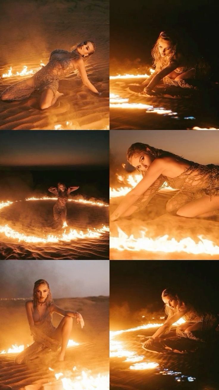the image is a collage of six photographs, each showcasing a blonde woman in a flowing, semisheer dress interacting with a ring of fire in a desert setting at night.  the woman strikes different poses in each frame, sometimes lying down, kneeling, or sitting, always in close proximity to the flames. the overall aesthetic is dark, dramatic, and sensual, with the fire creating a mystical and captivating atmosphere. the images seem to be professionally shot, possibly for a fashion editorial or music video.  the consistent use of fire and the woman's poses create a narrative flow across the collage.