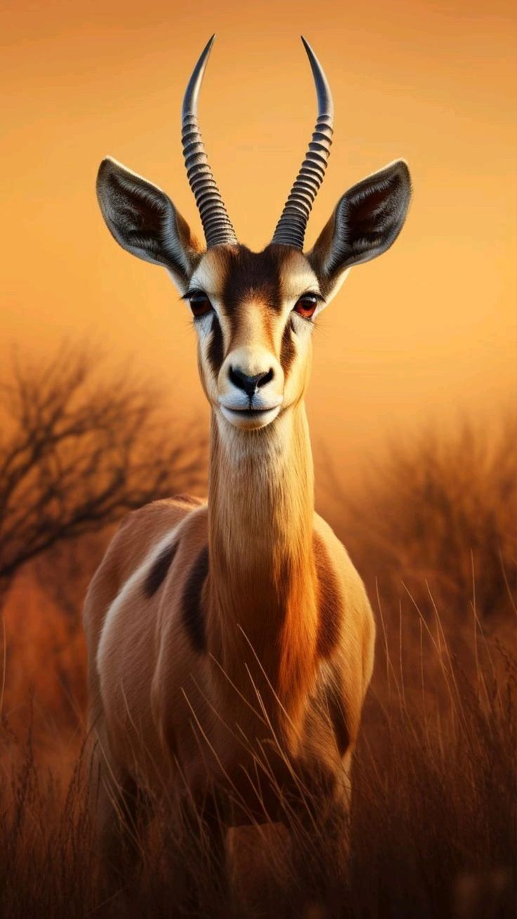 a brown gazelle with white spots stands in a field of tall grass. the gazelle is looking directly at the camera. the sun is setting in the background, casting a warm, golden light on the scene. the gazelle's horns are long and curved. it's a closeup portrait showing the gazelle's head and horns, with a blur of the grass in the background.