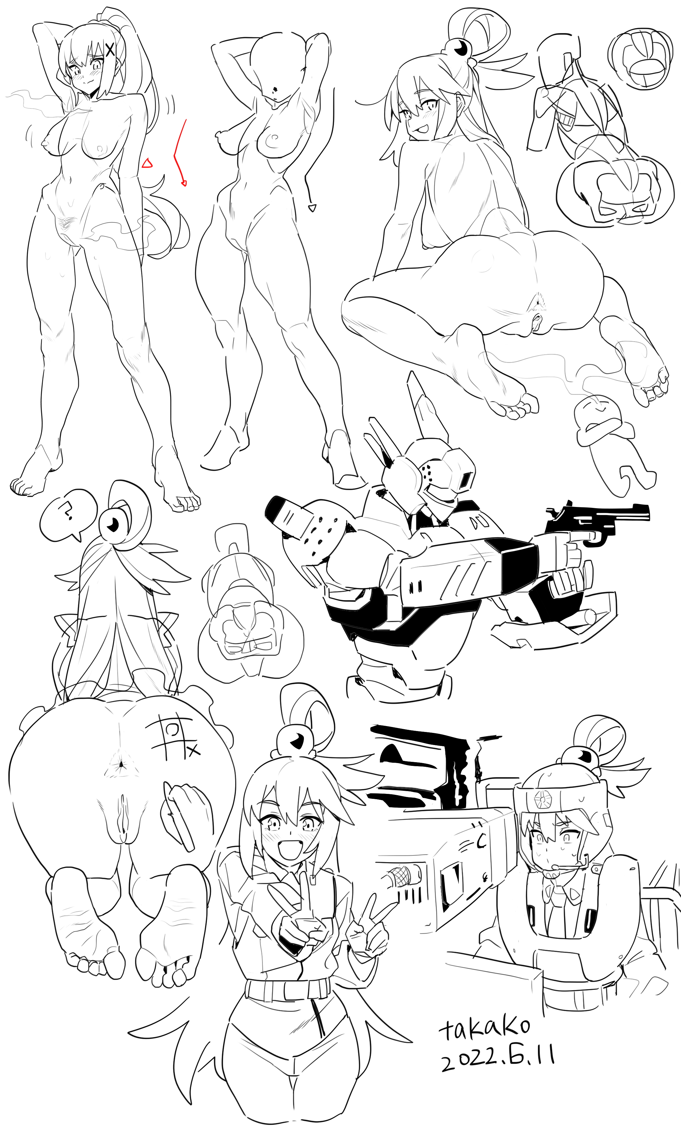 the image contains multiple sketches of animestyle characters and robots. there are female figures in various poses, some nude and some dressed. one robot is holding a gun. there is a signature at the bottom right "takako 2022.6.11".