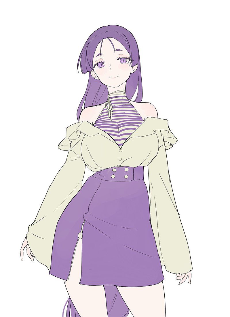 a drawing of a young woman with long purple hair, wearing a stylish purple and white outfit. the outfit consists of a halter neck top with a striped pattern, a light green jacket with wide sleeves, and a purple skirt with a high waist and a slit on one side. the image has a soft and ethereal aesthetic, emphasizing the girl's delicate features and elegant posture.